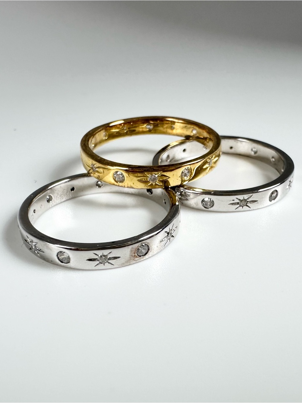Set of 3 Stackable Star CZ Rings - Gold & Rhodium Plated